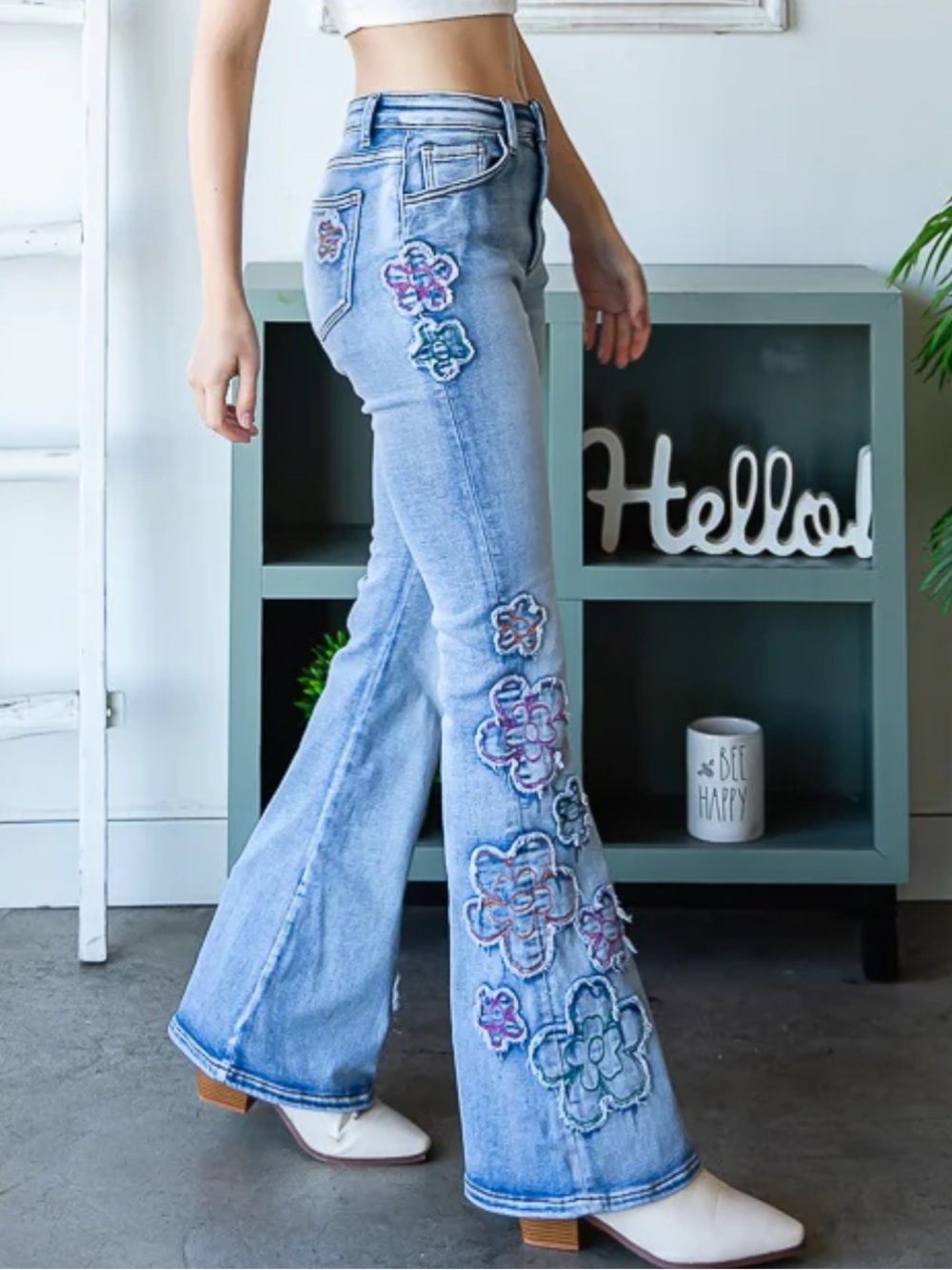 Oli & Hali Light Wash Flared Jeans with Multicolor Flower Frayed Appliqués